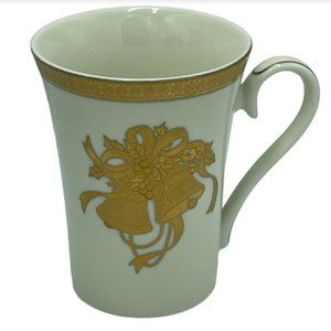 Vintage Mikasa Happy Bells Holiday Mugs Ivory Gold Christmas Cups Seasonal Decor